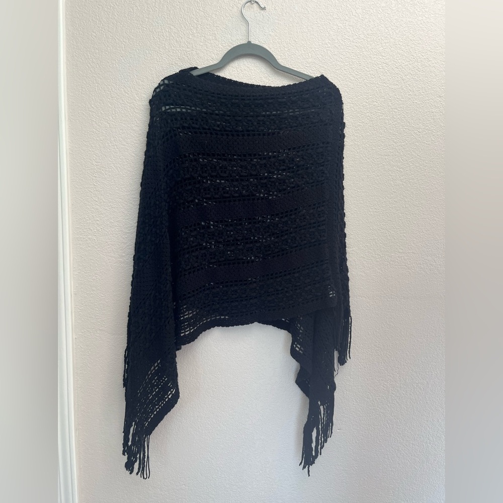 Black Crochet Poncho with Fringe One Size